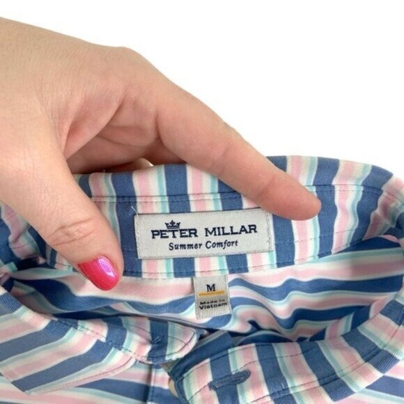 Peter Millar Summer Comfort Striped Short Sleeve Polo Pink Blue - Picture 3 of 4